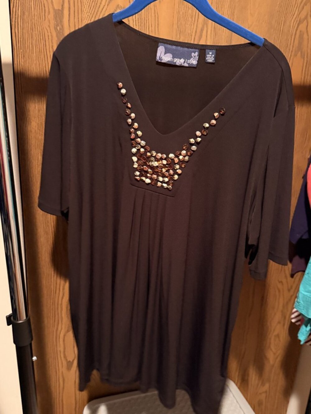 Susan Graver 1X Black Embellished V-Neck Top